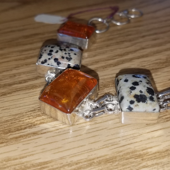 New Sterling silver Dalmation jasper and repressed  amber bracelet - Picture 5 of 7